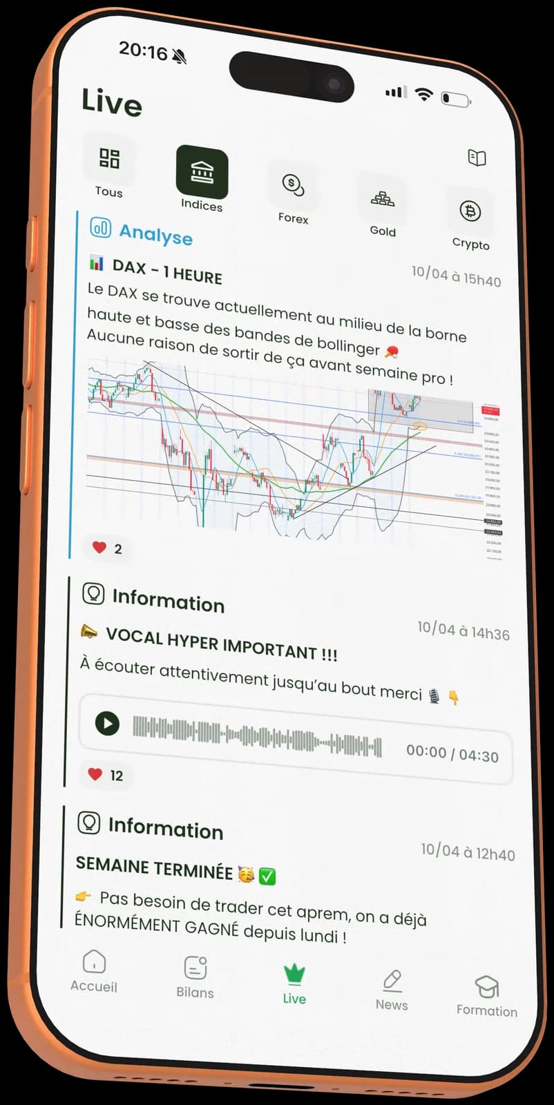 Aperçu de l'application Passion Trade affichant le live des analyses de trading sur DAX, indices, forex, gold et crypto