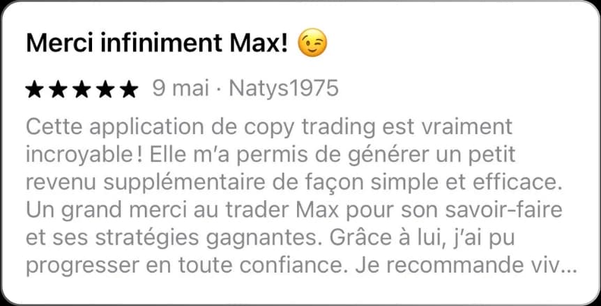 Avis App Store 5 étoiles : « Merci infiniment Max ! » par Natys1975