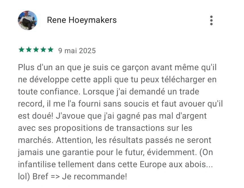 Avis Google Play 5 étoiles : « Bref => Je recommande ! » par Rene Hoeymakers